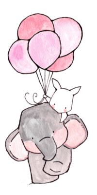 dessin d'un elephant avec un lapin sur son dos qui tien des ballons roses